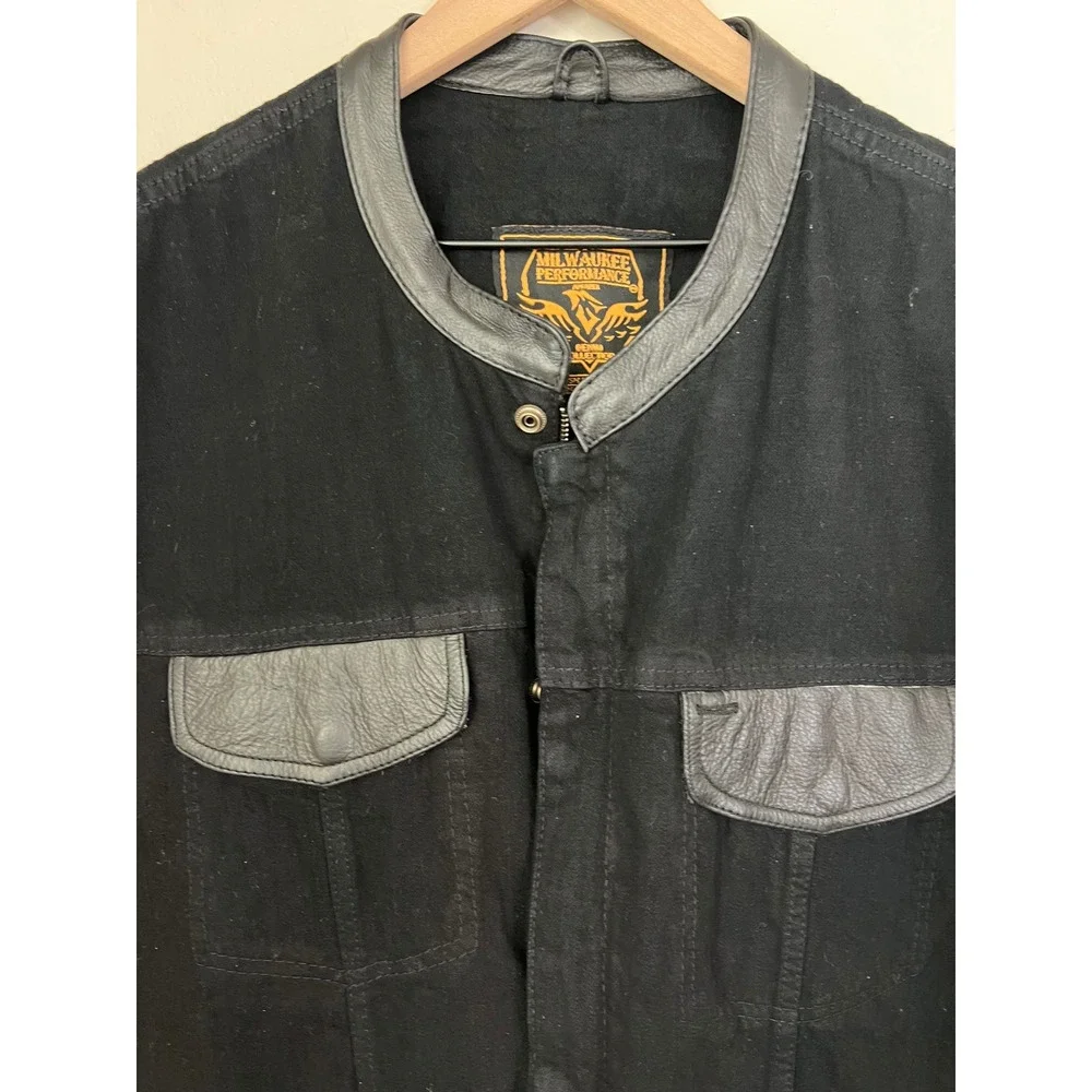 Milwaukee Performance Mens Black Denim Club Style‎ Leather Trim Biker Vest 4XL